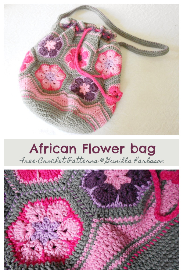 African Flower Drawstring Bag Free Crochet Patterns