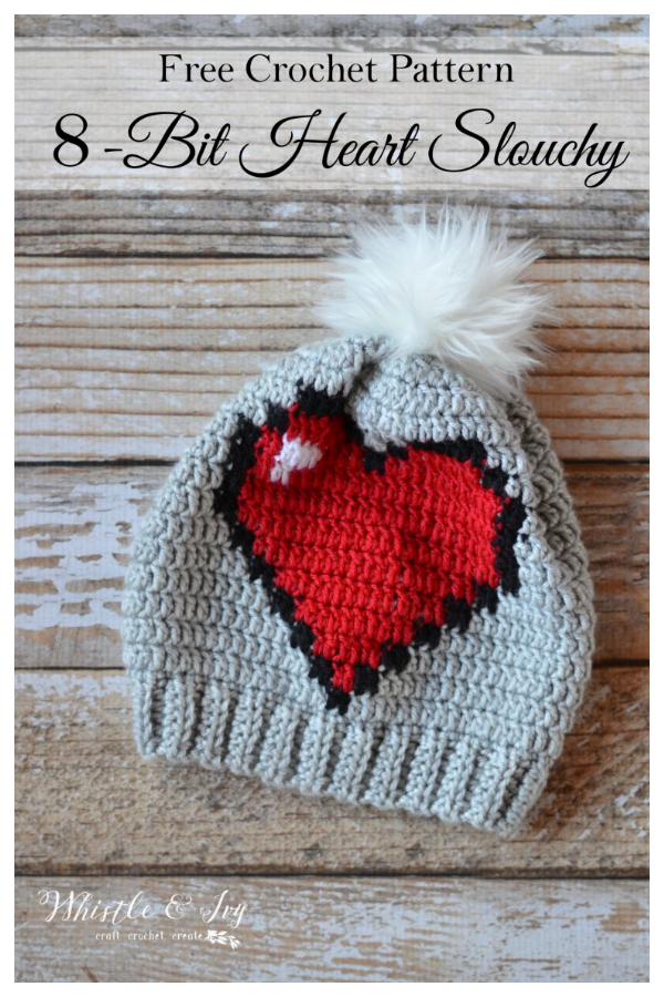 8-Bit Heart Slouchy Hat Free Crochet Pattern