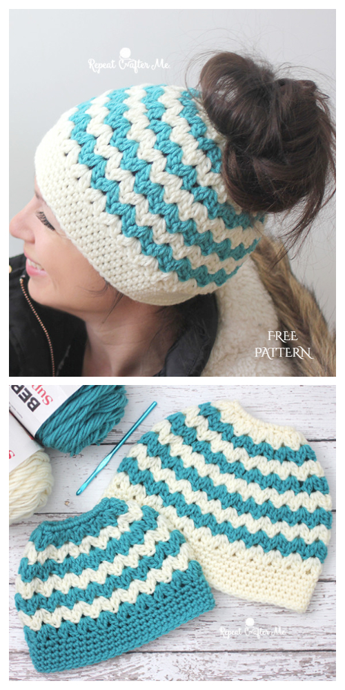 Cluster V-stitch Messy Bun Hat Free Crochet Patterns