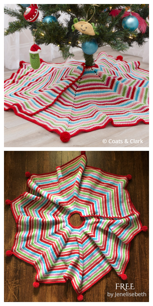 Pompom Trimmed Christmas Tree Skirt Free Crochet Pattern