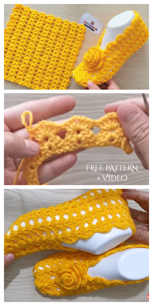 One Piece OPen Shell Stitch Rectangle Slippers Free Crochet Pattern + Video