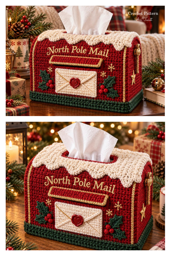 Christmas North Pole Mailbox Tissue Box Cover Crochet Patterns