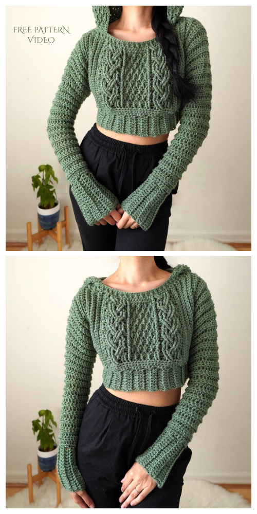  Cropped Long Sleeve Cable Stitch Hoodie Free Crochet Patterns + Video