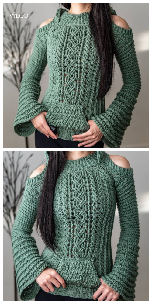 Cable Stitch Cold Shoulder Bell Sleeve Hoodie Free Crochet Patterns + Video