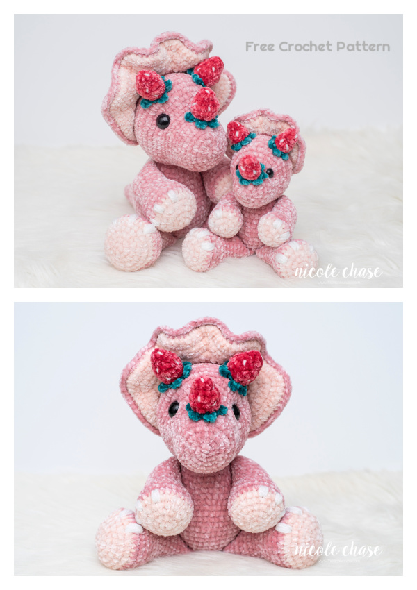 Crochet Strawberry Tanner the Triceratops Amigurumi Free Pattern