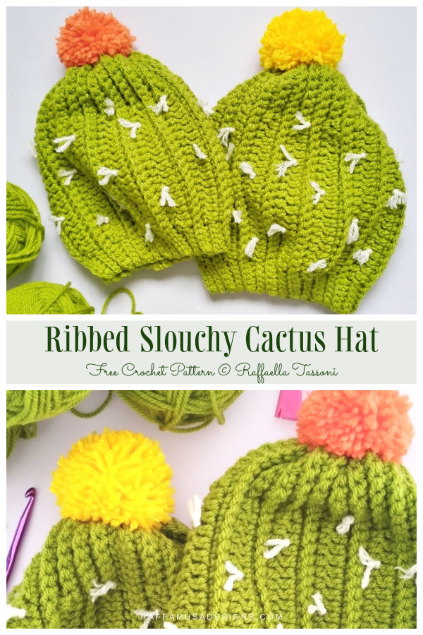 Ribbed Slouchy Cactus Beanie Hat Free Crochet Patterns