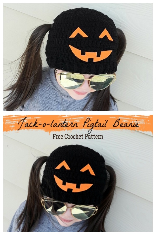 Jack o Lantern Pigtail Beanie Hat Free Crochet Patterns