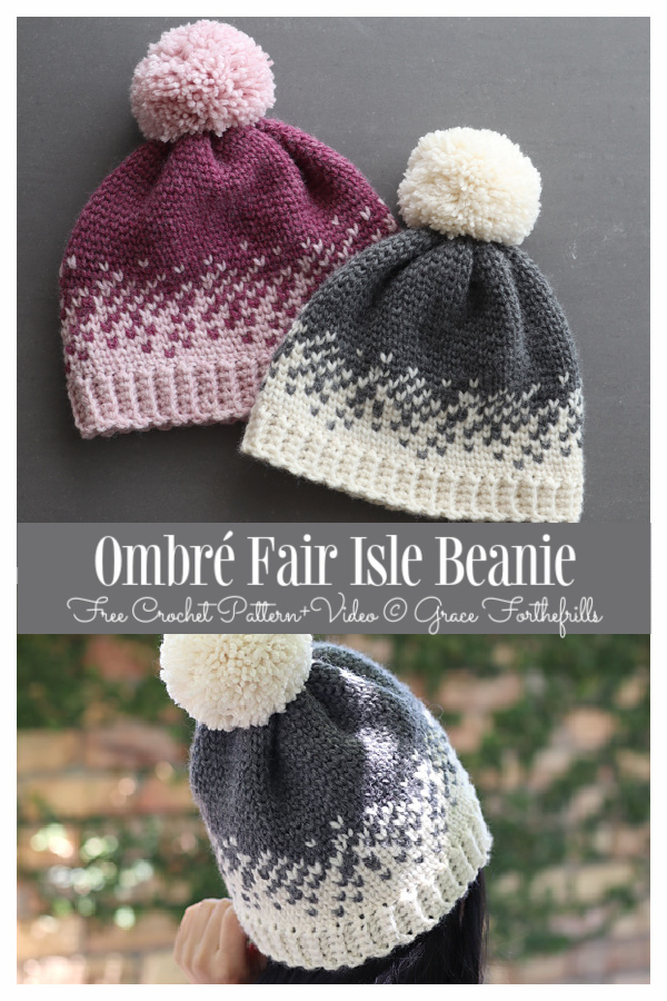 Ombré Fair Isle Beanie Hat Free Crochet Patterns