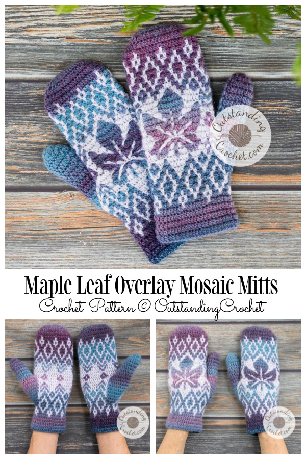 Maple Leaf Overlay Mosaic Unisex Mitts Crochet Patterns 