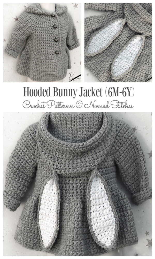 Hooded Bunny Jacket Crochet Patterns 5 Sizes 6 Months - 6 Years