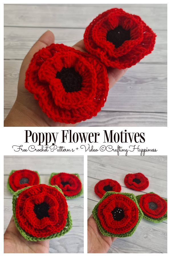 3D Poppy Flower Motives Free  Crochet Patterns