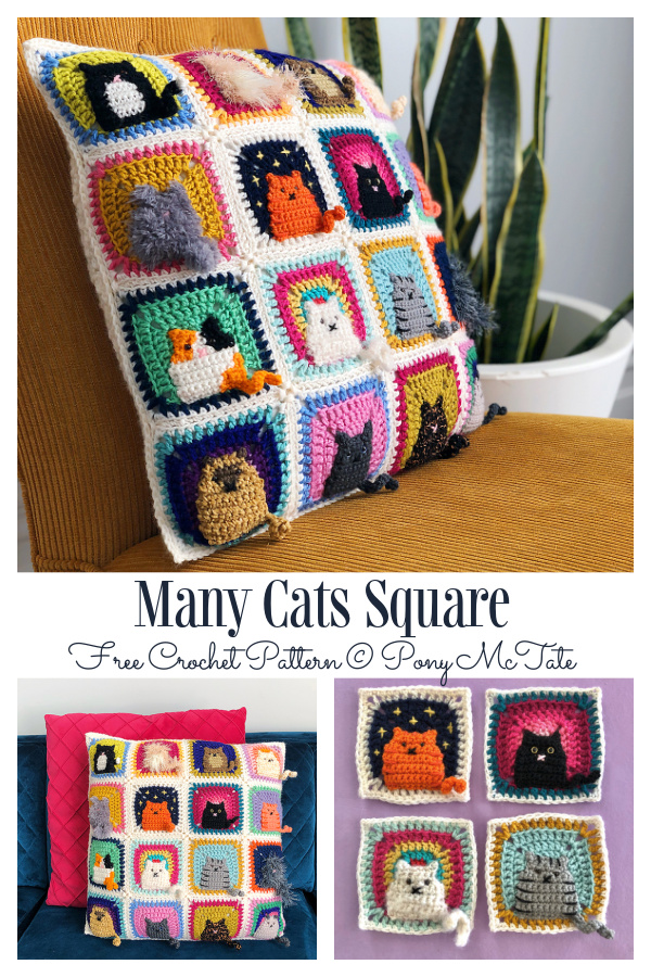 Many Cats Square Pillow Free Crochet Patterns