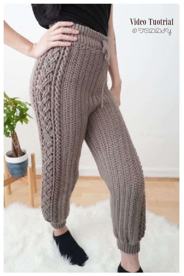 High Waisted Cable Stitch Sweat Pants Free Crochet Video Tutorial