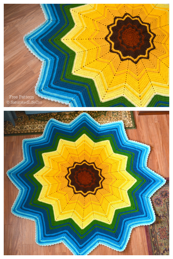 Autumn Sunflower Ripple Star Blanket Free Crochet Pattern 