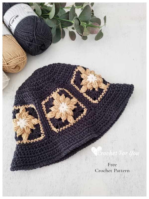 Bobble Granny Square Bucket Hat Free Crochet Patterns