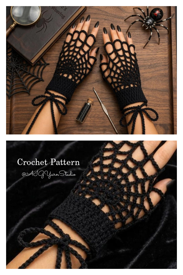Halloween Spider Web Fingerless Gloves Crochet Patterns