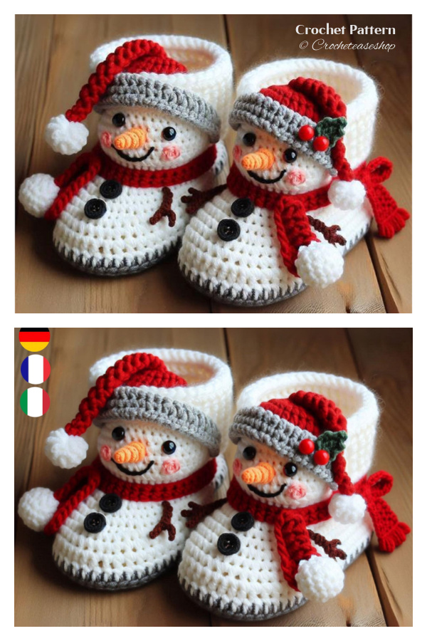 Snowman Slippers with Festive Details Crochet Pattern