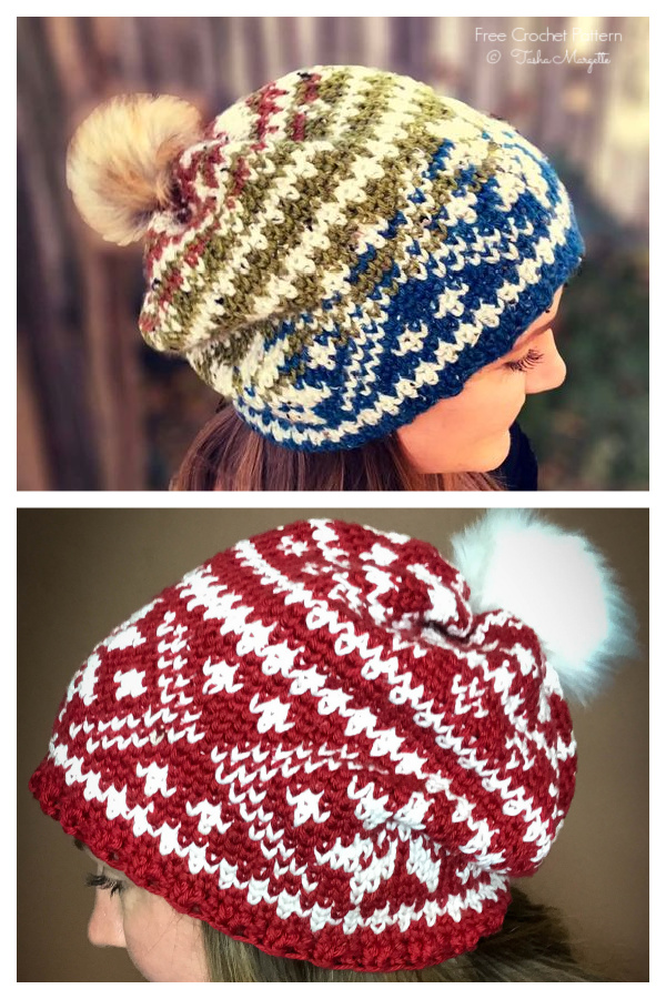 Fair Isle Snowflakes & Hearts Slouchy Beanie Hat Free Crochet Patterns