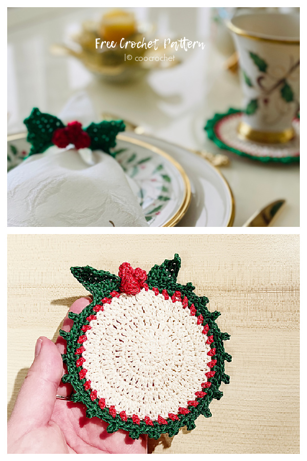 Holly napkin rings and coasters Free Crochet Patterns