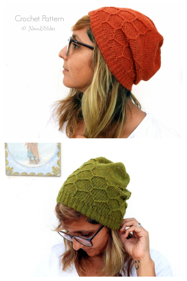 Honeycomb Stitch Slouchy Unisex Beanie Hat Crochet Patterns