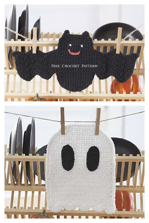 Halloween Ghost + Bat Dishcloth Free Crochet Pattern