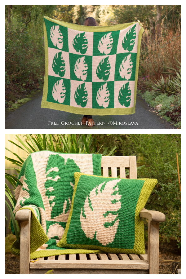 Tunisian Monstera Blanket & Pillow Free Crochet Patterns