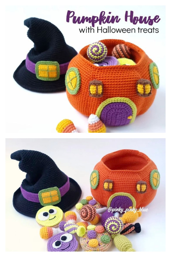 Pumpkin House with Halloween treats Crochet Pattern