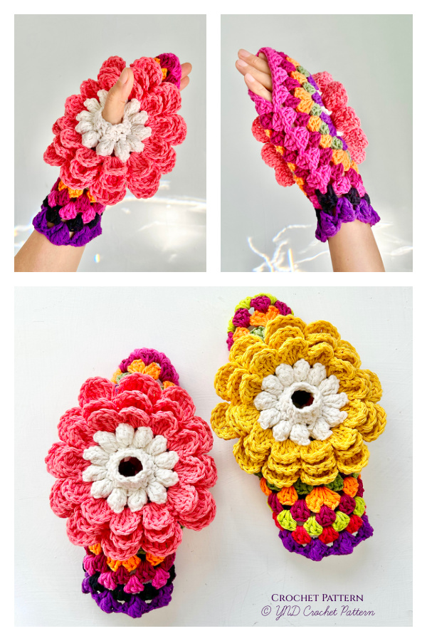 Hexi Mitten Sun Kissed Flower Fingerless Gloves Crochet Pattern