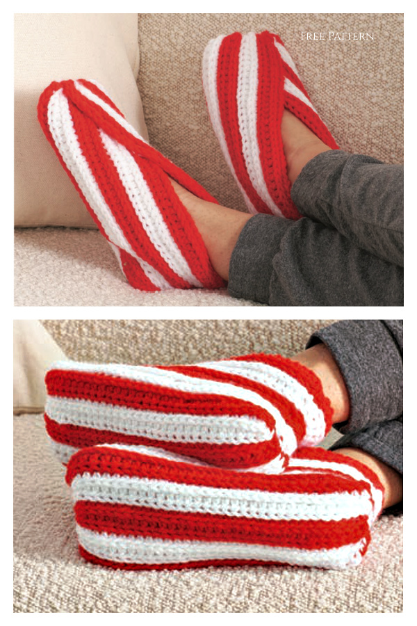 Christmas Peppermint Stripe Guest Slippers Free Crochet Patterns