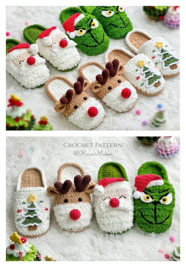 Christmas Grinch, Santa Claus & Reindeer Slippers Crochet Patterns