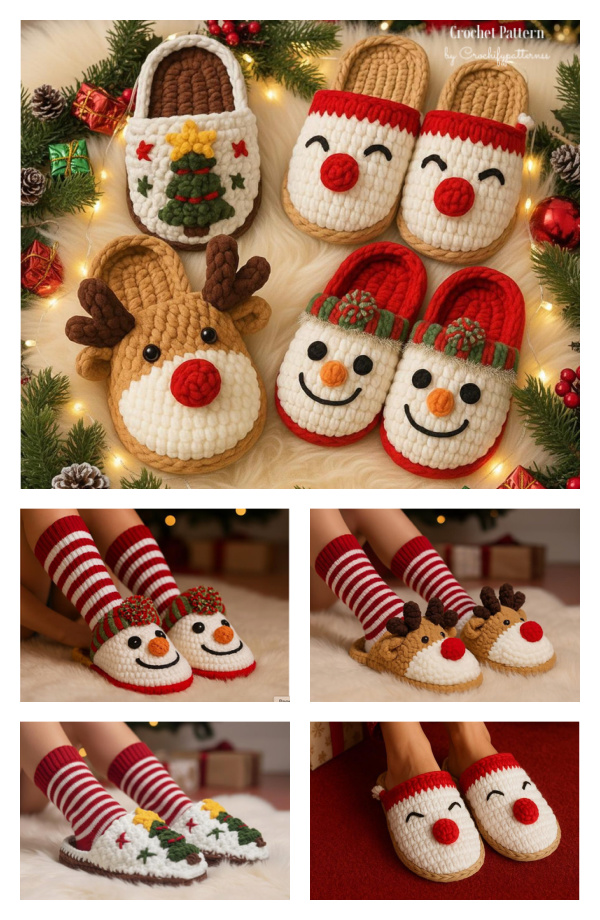 4 Christmas Slippers Set Crochet Patterns