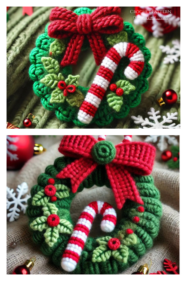 Mini Christmas Wreath Ornament with Candy CanE Crochet Pattern