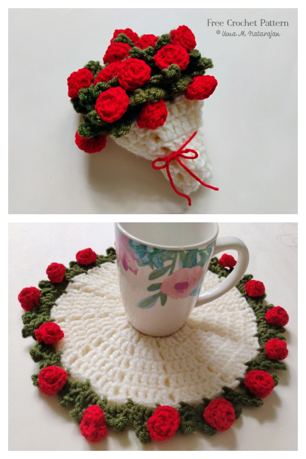 Rose Bouquet Coaster Free Crochet Pattern