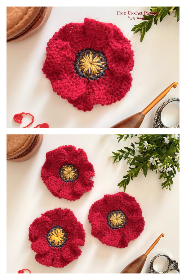 Poppy Flower Appliques Free Crochet Pattern