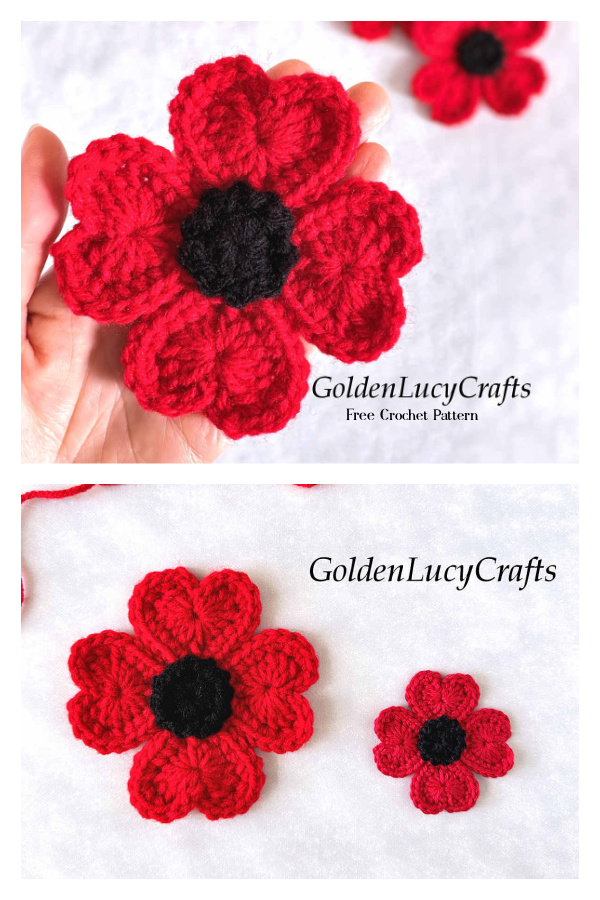 Heart Poppy Flower Appliques Free Crochet Pattern