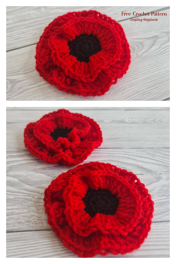 Layered Poppy Flower Appliques Free Crochet Pattern