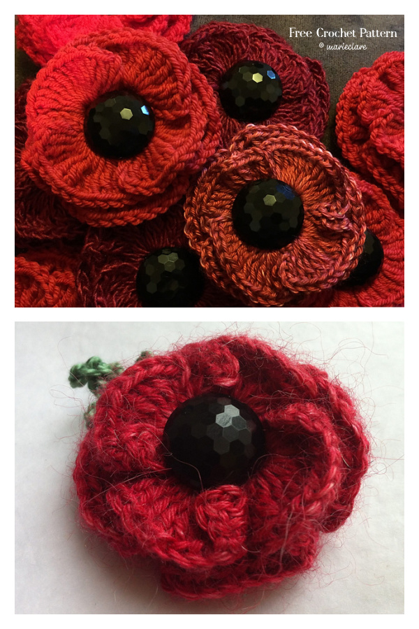 Button Poppy Flower Appliques Free Crochet Pattern