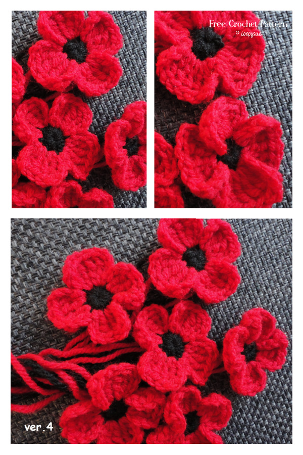 Little Poppy Flower Appliques Free Crochet Patterns - 5 Versions