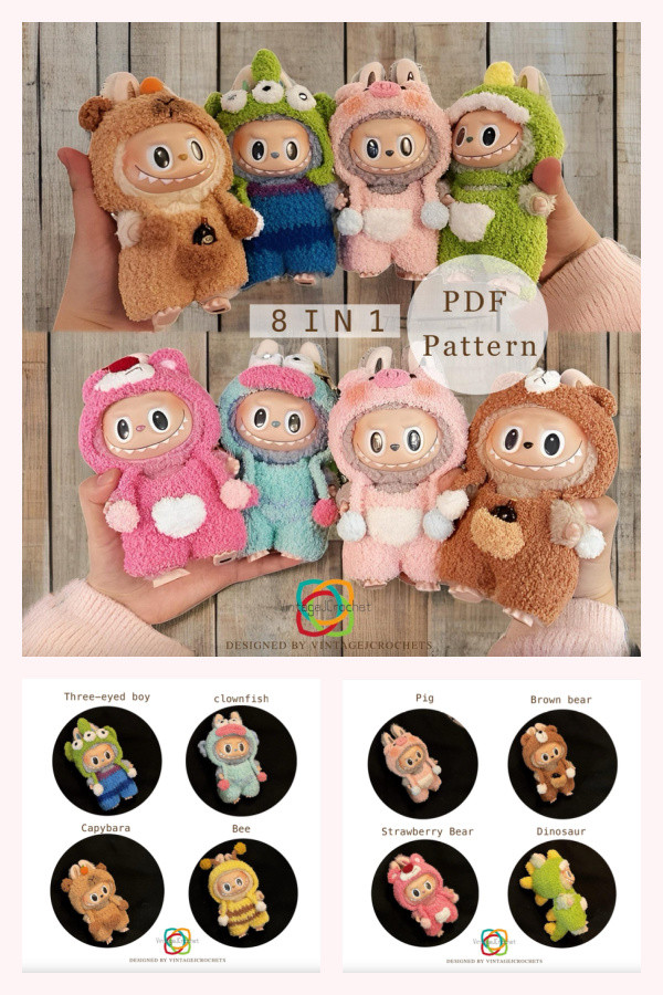 Labubu Outfit Crochet Patterns 8-in-1
