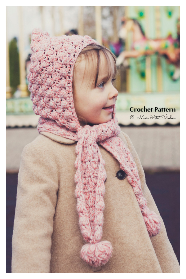 Pom-pom scarf with hoodie Crochet Patterns - Kids and Adults