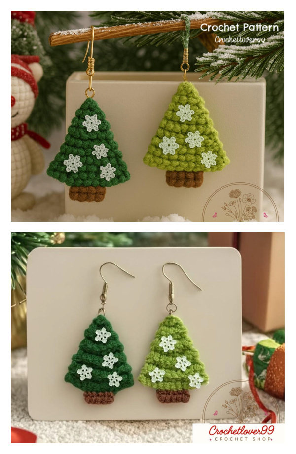 Cute Christmas Mini Tree Ornament & Earrings Crochet Patterns