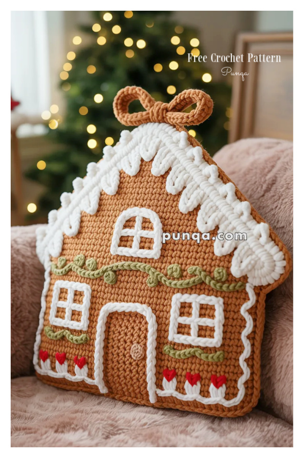 Christmas Gingerbread House Pillow Free Crochet Pattern