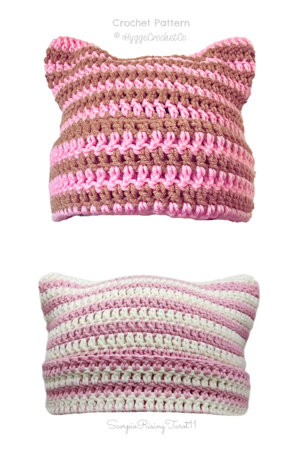 Easy Striped Cat Ear Beanie Hat Crochet Patterns