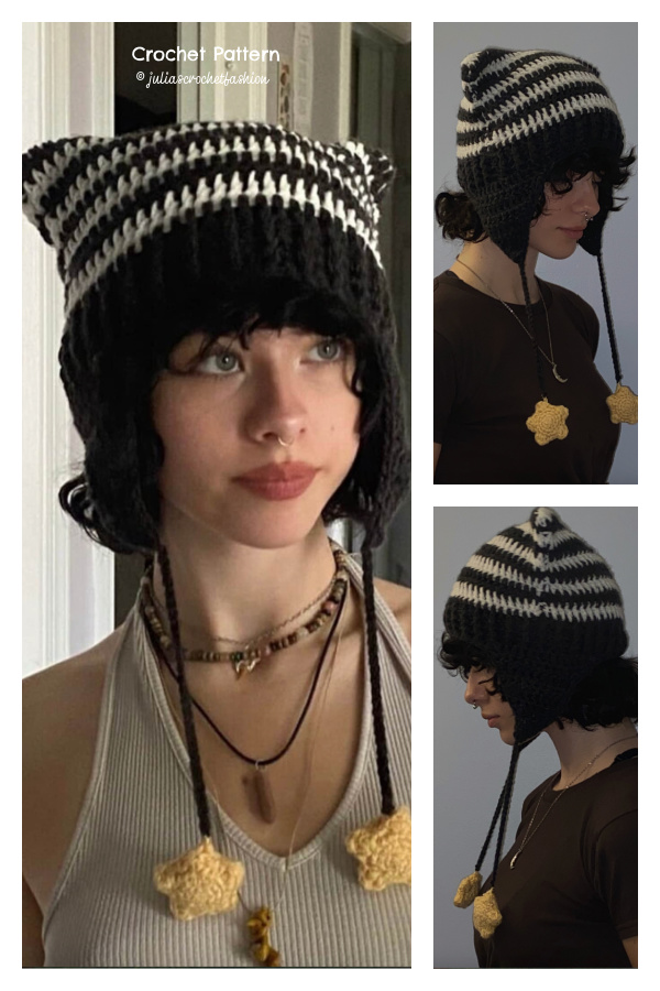 Ear flap Cat Hat with Star Pom Poms Crochet Pattern