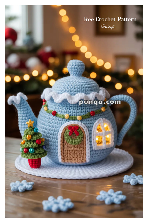 Lighted Christmas Teapot House Decoration Free Crochet Pattern