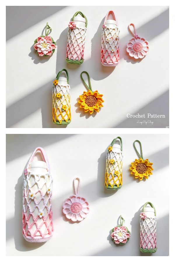 Floral Foldable Mesh Bag Drink Carrier Crochet Patterns