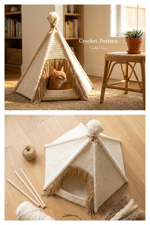 Cat Teepee Boho Pet Bed Crochet Pattern