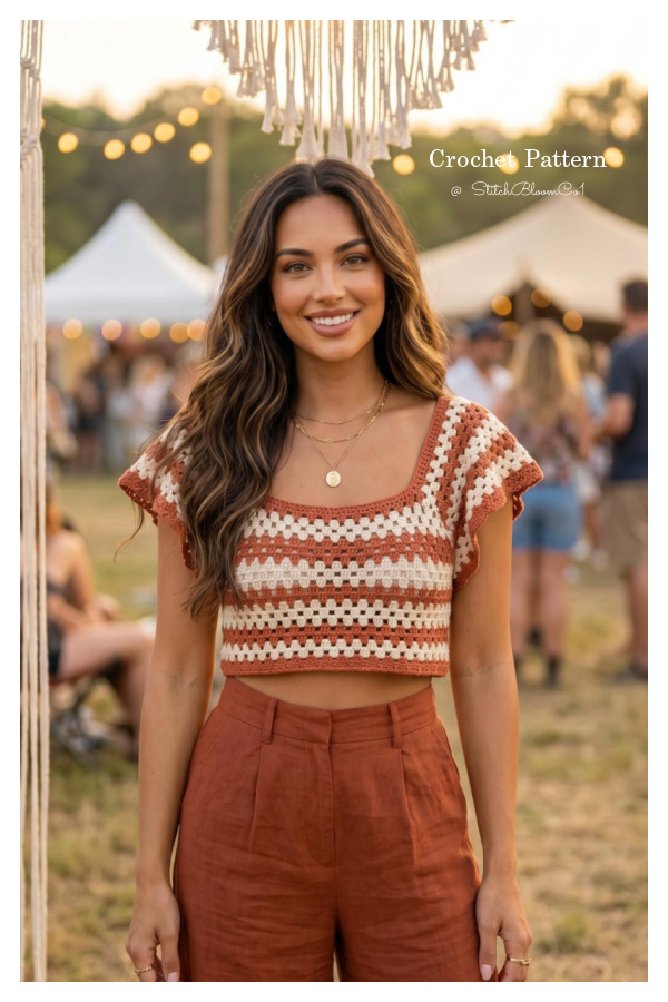 Granny Stripe Flutter Sleeve Crop Top Crochet Pattern Granny Stripe Flutter Sleeve Crop Top Crochet Pattern