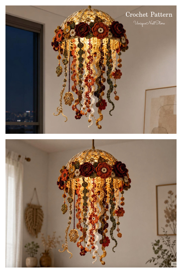 Jellyfish Floral Hanging Lamp Boho Flower Chandelier Crochet Pattern Jellyfish Floral Hanging Lamp Boho Flower Chandelier Crochet Pattern
