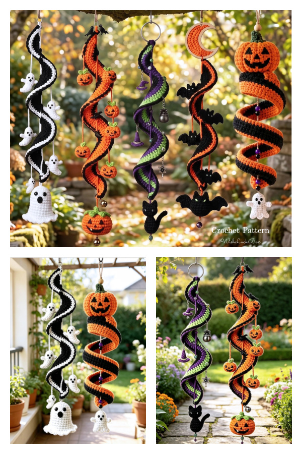 Halloween Hanging Ghost Pumpkin Witch Bat Spiral Crochet Pattern